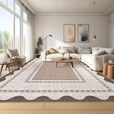 Modern Washable Low Pile Area Rug - Stain-Resistant Non-Slip Living Room Carpet with Border Pattern
