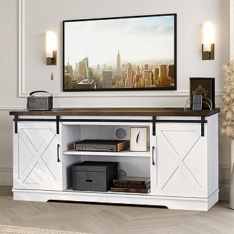 TV Stand, Modern Farmhouse Sliding Barn Door TV Stand, Storage Table with Movable Shelf