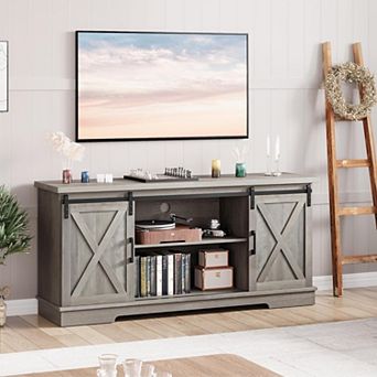 TV Stand, Modern Farmhouse Sliding Barn Door TV Stand, Storage Table with Movable Shelf