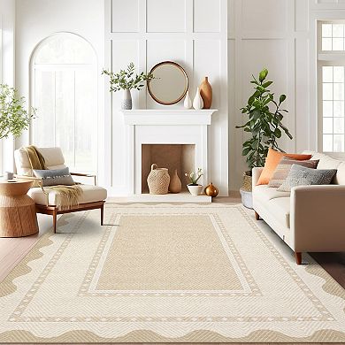 Modern Washable Low Pile Area Rug - Stain-Resistant Non-Slip Living Room Carpet with Border Pattern