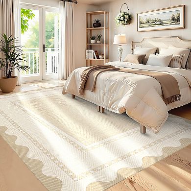 Modern Washable Low Pile Area Rug - Stain-Resistant Non-Slip Living Room Carpet with Border Pattern