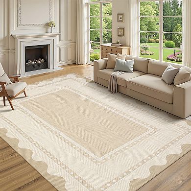 Modern Washable Low Pile Area Rug - Stain-Resistant Non-Slip Living Room Carpet with Border Pattern