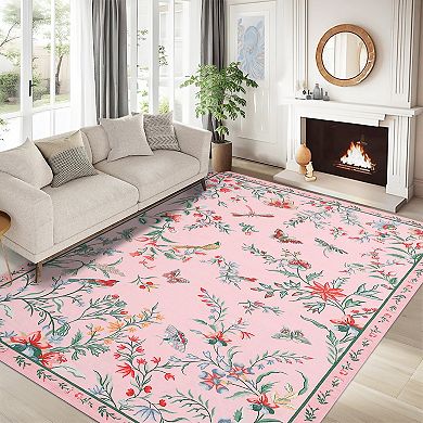Boho Insect Botanical Area Rugs, Butterfly Bird Washable Soft Non Slip Stain Resistant Runner Carpet