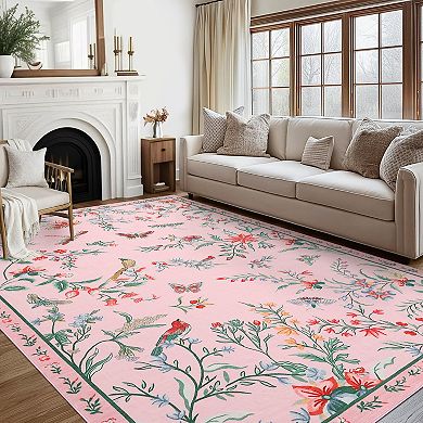 Boho Insect Botanical Area Rugs, Butterfly Bird Washable Soft Non Slip Stain Resistant Runner Carpet