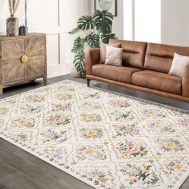 Vintage Floral Washable Rug Non-Slip Low Pile Ultra-Soft Carpet for Kitchen, Bathroom & Entryway