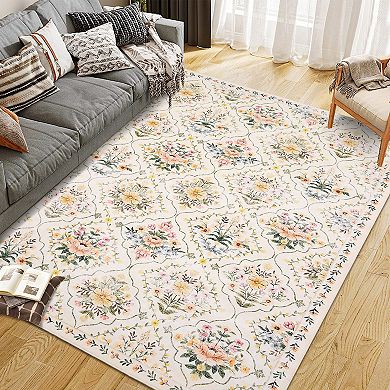 Vintage Floral Washable Rug Non-Slip Low Pile Ultra-Soft Carpet for Kitchen, Bathroom & Entryway