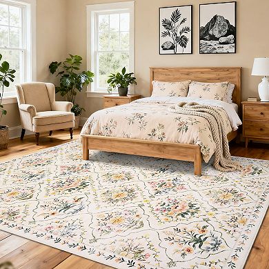 Vintage Floral Washable Rug Non-Slip Low Pile Ultra-Soft Carpet for Kitchen, Bathroom & Entryway