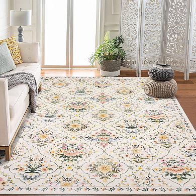 Vintage Floral Washable Rug Non-Slip Low Pile Ultra-Soft Carpet for Kitchen, Bathroom & Entryway