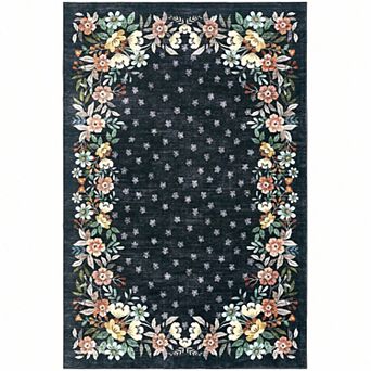 Washable Floral Entryway Rug with Non-Slip Backing, Low-Pile Area Rug for Kitchen Bedroom Living