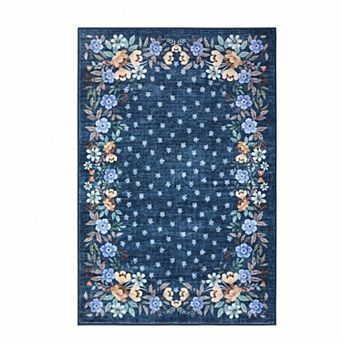 Washable Floral Entryway Rug with Non-Slip Backing, Low-Pile Area Rug for Kitchen Bedroom Living