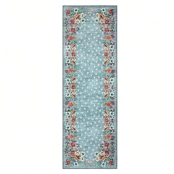 Washable Floral Entryway Rug with Non-Slip Backing, Low-Pile Area Rug for Kitchen Bedroom Living