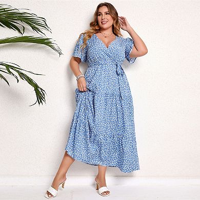 Plus Size Wrap Maxi Dress - Floral V-Neck Tiered Dress with Belt