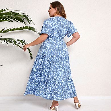 Plus Size Wrap Maxi Dress - Floral V-Neck Tiered Dress with Belt