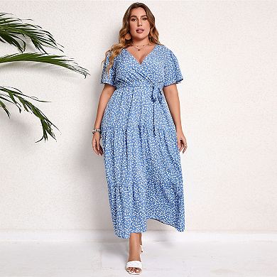 Plus Size Wrap Maxi Dress - Floral V-Neck Tiered Dress with Belt