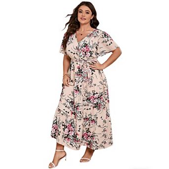 Plus Size Wrap Maxi Dress - Floral V-Neck Tiered Dress with Belt