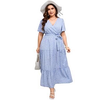 Plus Size Wrap Maxi Dress - Floral V-Neck Tiered Dress with Belt