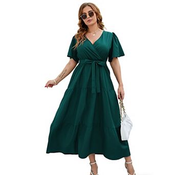 Plus Size Wrap Maxi Dress - Floral V-Neck Tiered Dress with Belt