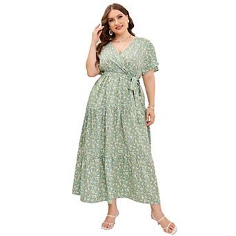 Plus Size Wrap Maxi Dress - Floral V-Neck Tiered Dress with Belt