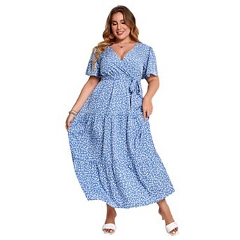 Plus Size Wrap Maxi Dress - Floral V-Neck Tiered Dress with Belt