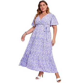 Plus Size Wrap Maxi Dress - Floral V-Neck Tiered Dress with Belt
