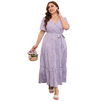 Plus Size Wrap Maxi Dress - Floral V-Neck Tiered Dress with Belt