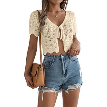 Women's Crochet Hollow Out Knit Sweater Short Sleeve Crop Cardigan Tie Front Summer Casual Shirt Top
