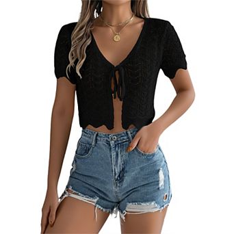 Women's Crochet Hollow Out Knit Sweater Short Sleeve Crop Cardigan Tie Front Summer Casual Shirt Top