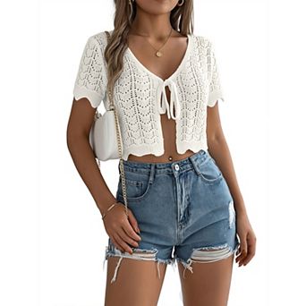 Women's Crochet Hollow Out Knit Sweater Short Sleeve Crop Cardigan Tie Front Summer Casual Shirt Top