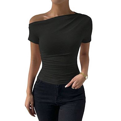 Women's Asymmetrical Off Shoulder Short Sleeve Blouse Ruched Side Slim Fit Tops