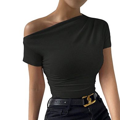 Women's Asymmetrical Off Shoulder Short Sleeve Blouse Ruched Side Slim Fit Tops