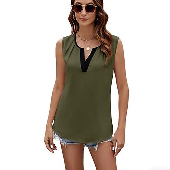 Women Sleeveless V Neck Blouse Contrast Trim Chiffon Tank Top with Pleated Shoulders