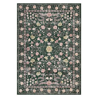 Machine Washable Vintage Floral Rug - Non-Slip Low Pile Area Rug for Living Room, Bedroom
