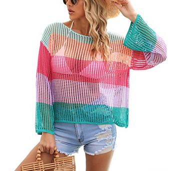 Womens Rainbow Stripe Crochet Hollow Out Knit Long Sleeve Beach Cover Up Summer Casual Sheer Sun Top