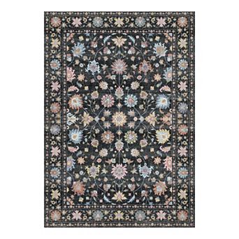 Washable Vintage Floral Rug Non-Slip Low Pile Indoor Mat for Dining Room & Home Decor