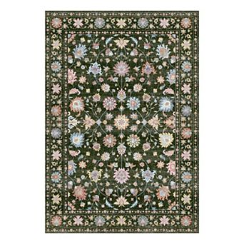 Washable Vintage Floral Rug Non-Slip Low Pile Indoor Mat for Dining Room & Home Decor