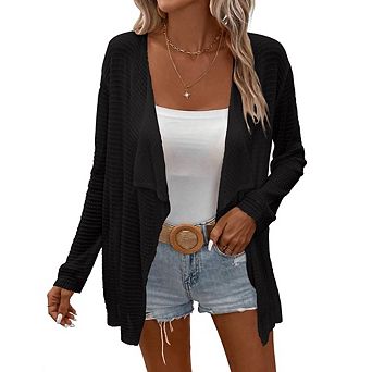 Womens Lightweight Crochet Cardigan Sweater Rib Knit Open Front Sweater Coats Long Sleeve Outwear