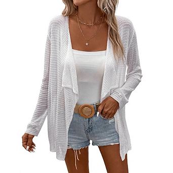 Womens Lightweight Crochet Cardigan Sweater Rib Knit Open Front Sweater Coats Long Sleeve Outwear