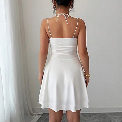 Women's Cowl Neck Spaghetti Strap Mini Dress with Ruched Waist Flared Skirt