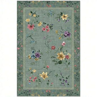 Washable Floral Farmhouse Rug - Non-Slip Indoor Carpet for Living Room, Bedroom, Nursery