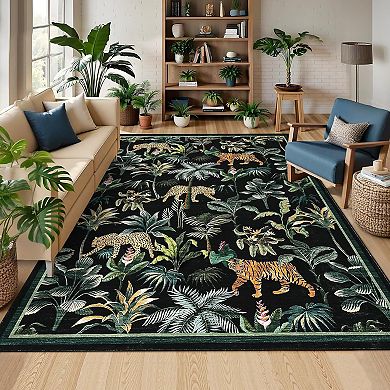Area Rugs Washable Rug Jungle Animal Pattern with Non Slip Backing & Low Pile
