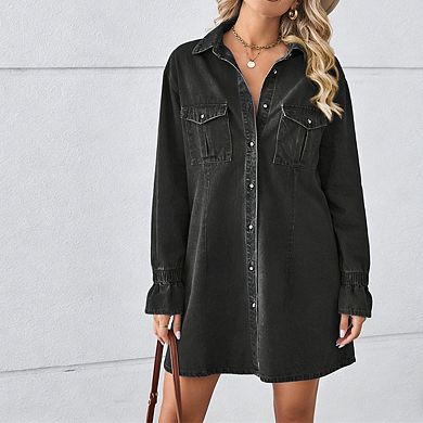 Women's Collared Neck Long Sleeve Flounce Cuffs Button Front Denim Mini Dress