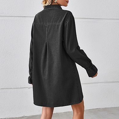 Women's Collared Neck Long Sleeve Flounce Cuffs Button Front Denim Mini Dress