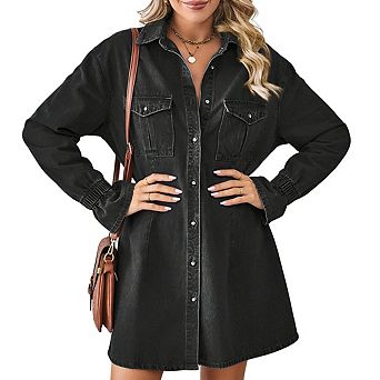 Women's Collared Neck Long Sleeve Flounce Cuffs Button Front Denim Mini Dress