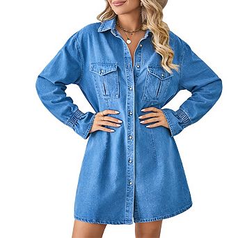 Women's Collared Neck Long Sleeve Flounce Cuffs Button Front Denim Mini Dress