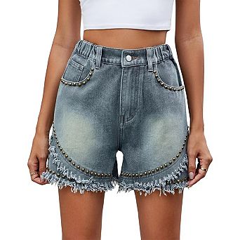 Women's Mid Rise Denim Shorts Rivet Studded Ripped Frayed Raw Hem Hot Short Jeans