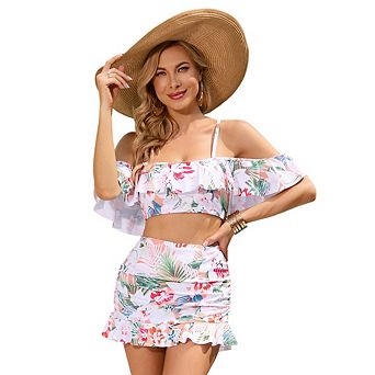 Womens Bikini Skirt Sets High Waisted Two Piece Swimsuits Tummy Control Mesh Swim Bathing Suits