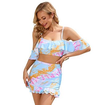 Womens Bikini Skirt Sets High Waisted Two Piece Swimsuits Tummy Control Mesh Swim Bathing Suits