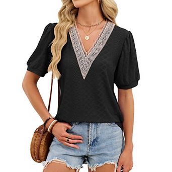 Women's V-Neck Lace Trim Puff Sleeve Blouse, Loose Fit Eyelet Casual Top