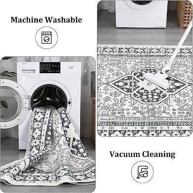 Vintage Washable Area Rug - Non-Slip Low Pile with Rubber Backing for Living Room, Dining & Kitchen