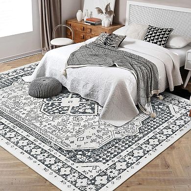 Vintage Washable Area Rug - Non-Slip Low Pile with Rubber Backing for Living Room, Dining & Kitchen